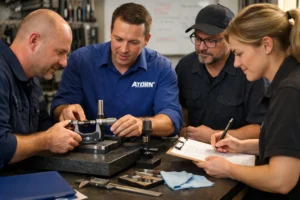 Equipo recibiendo capacitación con herramientas Atorn y calibración en taller proveedores de herramientas de medicion atorn