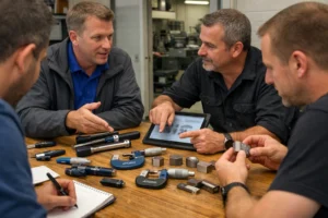 Responsable y representante comparando herramientas de medición en mesa de taller proveedores de herramientas de medicion atorn