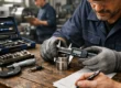 Técnico midiendo pieza en taller con herramientas Atorn, inspección de calidad; proveedores de herramientas de medicion atorn