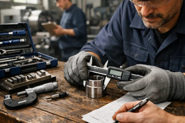 Técnico midiendo pieza en taller con herramientas Atorn, inspección de calidad; proveedores de herramientas de medicion atorn