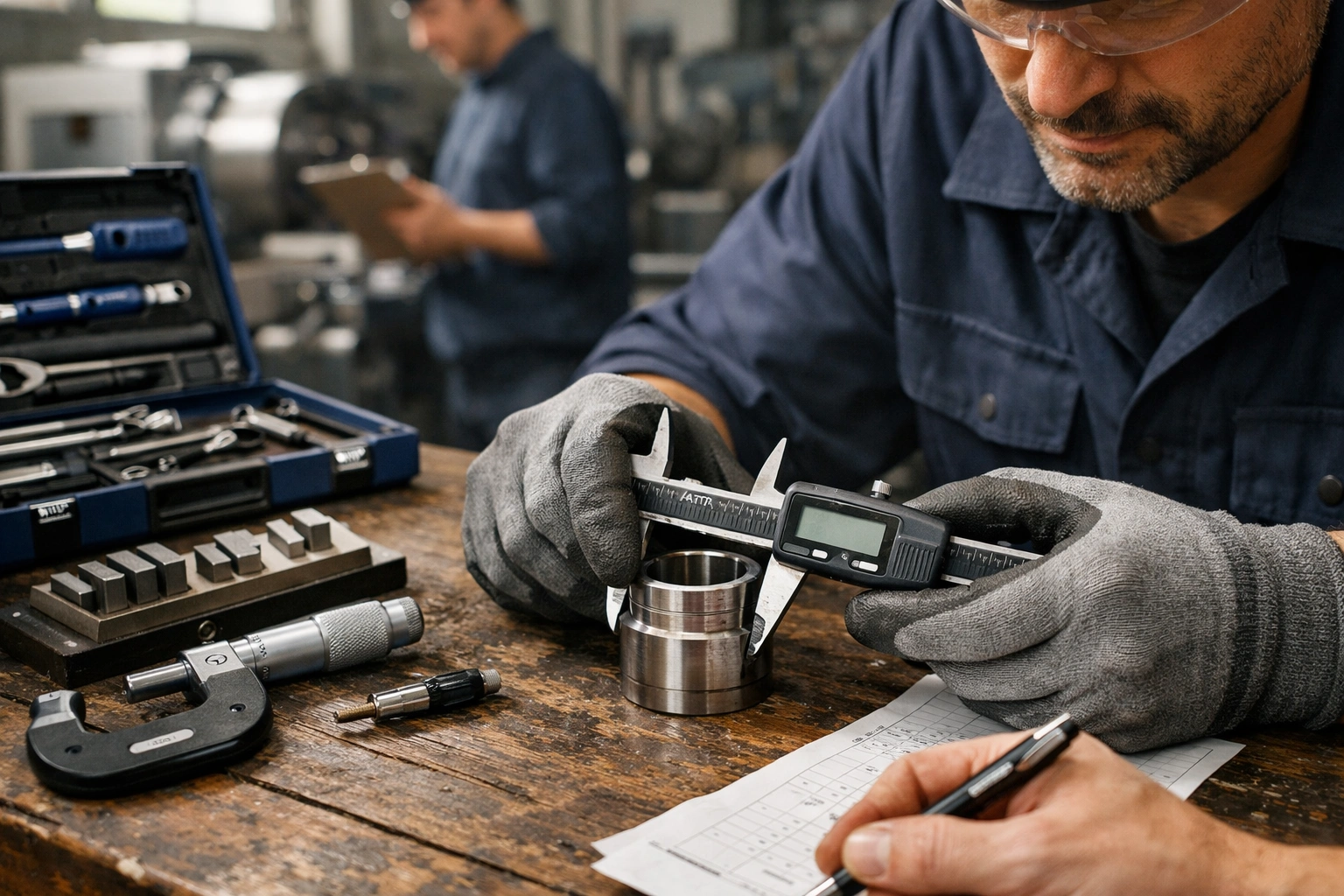 Técnico midiendo pieza en taller con herramientas Atorn, inspección de calidad; proveedores de herramientas de medicion atorn